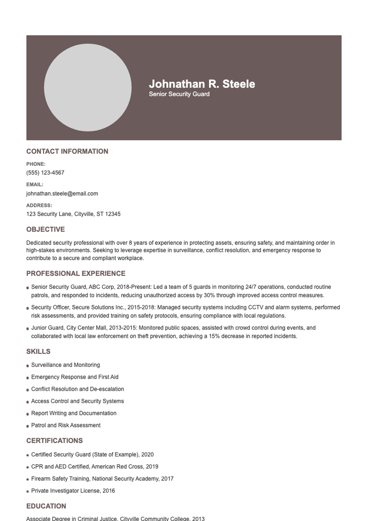 Professional hotel security resume with photo and maroon header_variant_2